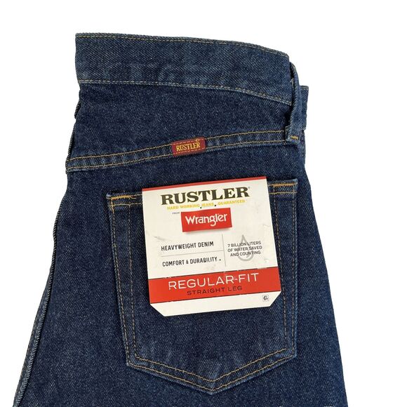 New Mens Rustler By Wrangler Dark Wash Regular Fit Straight Leg Jeans Sz 30x34 - Picture 2 of 8